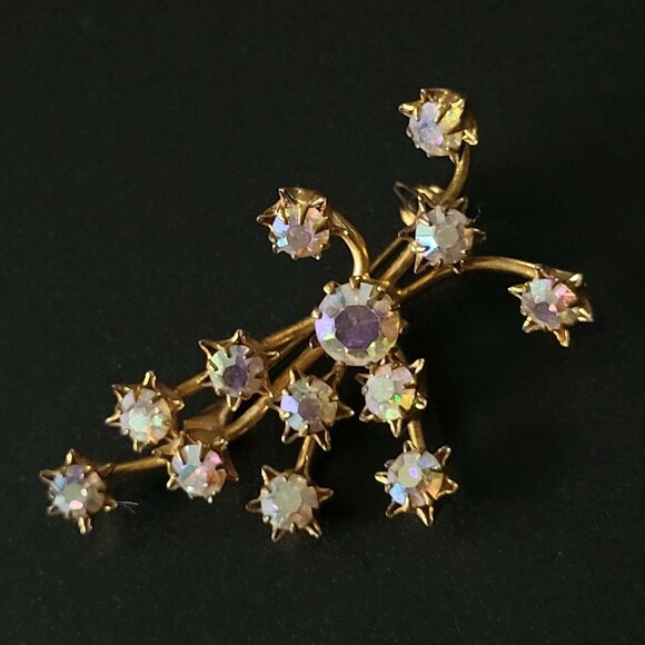 Vintage Austria Crystal Aurora Borealis Starburst Firework Brooch Gold Tone - Picture 3 of 6